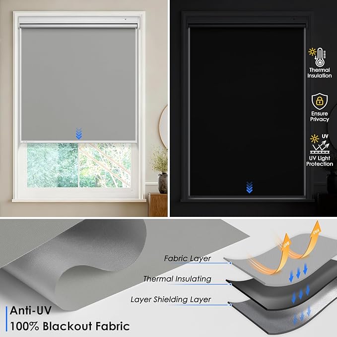 Motorized Roller Blinds with Remote Control & Solar Panel - 100% Blackout Smart Blinds, Automatic, Cordless, Electric Shades - Compatible with Alexa - Grey, 39" W x 72" H