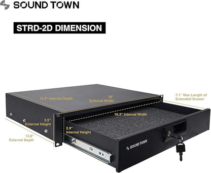 Sound Town High-Quality 1/2” (12mm) 12U PA DJ Pro Audio Rack/Road ATA Case with 11U Slant Mixer Top, Locking Drawer, Side Table, 20.2’’ Rackable Depth and Casters (STMR-12TD2)