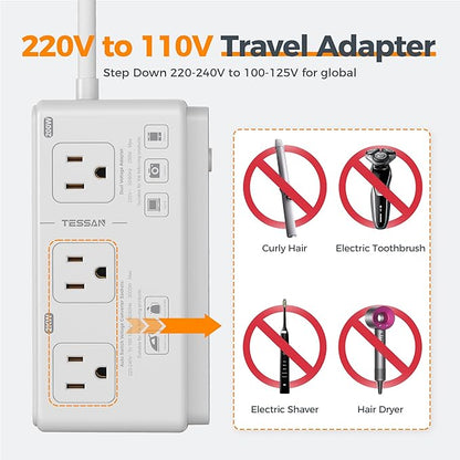 TESSAN 220V to 110V Voltage Converter for Travel with 4 USB Ports (1 USB C), 3 AC Outlet and EU UK AU IT in ZA International Power Adapter, Step Down Transformer Outlet Converters White