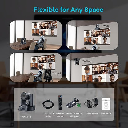 TONGVEO 3X Optical Zoom PTZ Camera AI Auto-Tracking HDMI USB 3.0 1080P 60fps Wide-Angle for Video Conference Business Meeting Live Streaming Online Learn with Zoom YouTube Teams OBS and More