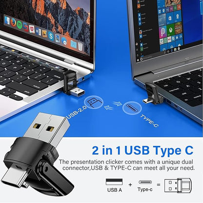 2-in-1 USB Type C Presentation Clicker, Clicker for PowerPoint Presentations, Rechargeable Wireless Presenter Remote, Pointer RF 2.4GHz USB PowerPoint Clicker Slide Advancer with Volume Control