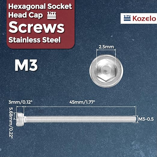 Kozelo 20pcs Socket Head Cap Screws - [M3-0.5 x 45mm] 304 Stainless Steel Allen Socket Drive for Electrical Motor 3D Printing Fan Engine Replacement Use, Silver