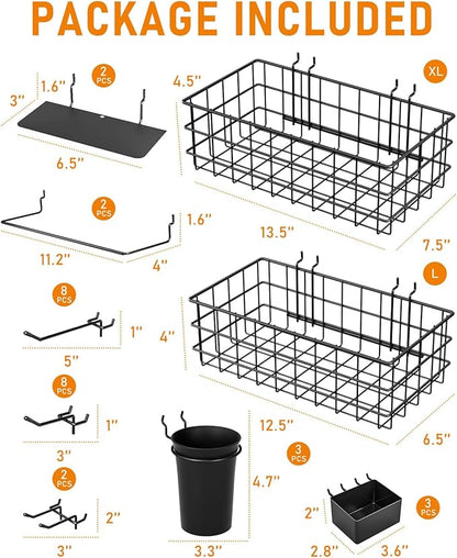INCLY 30PCS Peg Board Organizer Accessories Kit, Pegboard Hooks Assortment with Bins, Cups, Wire Baskets and Paper Towel Holder for 1/8“ and 1/4” Pegboard Garage Workbench Craft Room Organizing Tools
