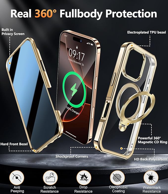 [360° Rotatable CD Stand & Built-in Privacy Screen Magnetic Case for iPhone 16 Pro [Compatible with MagSafe & Full Signal] Mil-Grade Shockproof Full Body Anti-Spy Cover for 16 Pro-Gold