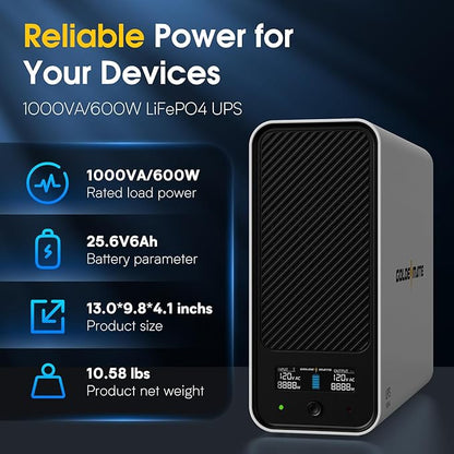 GOLDENMATE 1000VA/600W Lithium UPS Battery Backup and Surge Protector, Backup Battery Power Supply with LiFePO4 Batteries(153.6 Wh), Sinewave UPS System, 10 Years Lifespan, 8-Outlets, LCD Display
