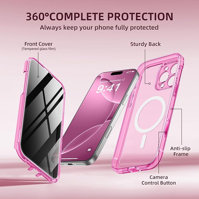BERFY Magnetic for iPhone 16 Pro Case, Compatible with MagSafe, Built-in Privacy Screen Protector and Upgraded Camera Protection, Anti-Spy Full Body Shockproof Phone Case for 16 Pro 6.3", Bright Pink