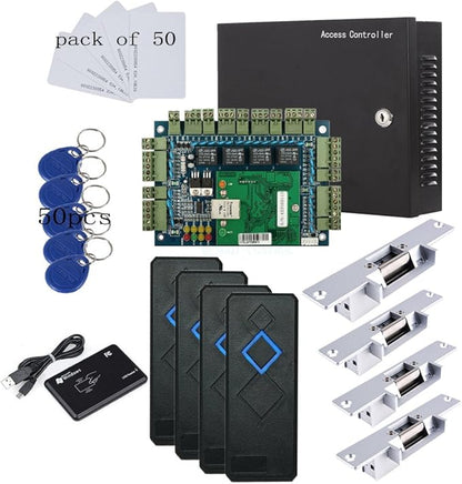 MENGQI-CONTROL TCP/IP 4 Door Entry Access Control Panel Kit Electric Strike Fail Secure NO Mode Lock Enroll RFID USB Reader 110-240V Power Supply Box RFID Reader Phone APP remotely Open Door