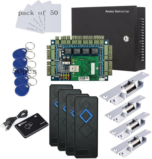 MENGQI-CONTROL TCP/IP 4 Door Entry Access Control Panel Kit Electric Strike Fail Secure NO Mode Lock Enroll RFID USB Reader 110-240V Power Supply Box RFID Reader Phone APP remotely Open Door