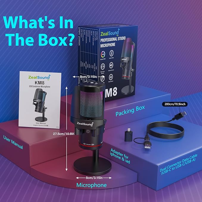 ZealSound Gaming USB Microphone,Noise Cancellation Condenser mic with RGB Light,Touch Mute,Gain,Monitoring for Streaming, Podcast, Twitch, YouTube, Discord, iPhone, iPad,PC,Computer,PS4,PS5,Mac