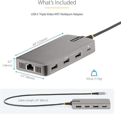 StarTech.com USB-C Docking Station for Windows and ChromeOS, Triple 4K HDMI DP Video, USB 10Gbps Hub, 100W Laptop Charging, GbE