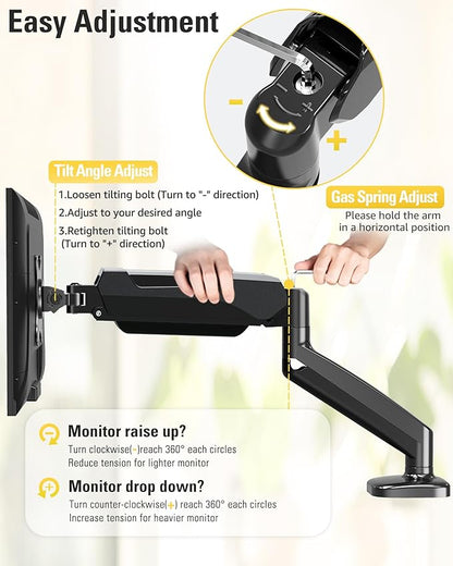 DreamAxis Single Monitor Mount, Gas Spring Monitor Arm for 17-32 Inch Computer Screens, Adjustable Monitors Stand for Desk, 75x75/100x100mm VESA Mount, with Clamp and Grommet Base, Holds 4.4-17.6lbs