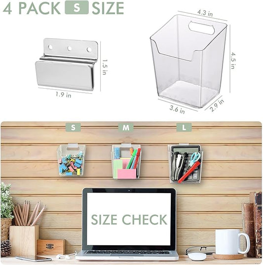 Clear Slatwall Bins, 4 Pack Slat Wall Accessories Cups Hooks Assemble Set Fit Most Slat Board Storage Systems Transparent Display Hanging Holder Organizers for Garage Shed Office Craft Tool (Small)