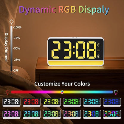 Alarm Clocks for Bedrooms, Digital Bedside Clock with RGB Night Light, Adjustable Volume for Heavy Sleepers, USB Charger, Large Display, Modern Decor for Desk, Dimmable Alarm Clock for Kids(Colorful)