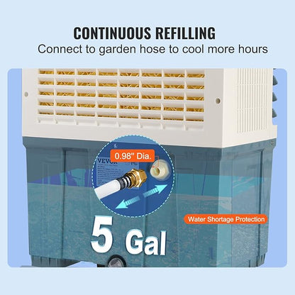 VEVOR Evaporative Air Cooler,100W 1400CFM Swamp Cooler with 5 Gallon Water Tank,Humidifying,3 Modes & Speeds Portable 3-IN-1 Cooling Fan,Energy-Saved Air Cooler for 550 Sq.Ft Indoor or Outdoor