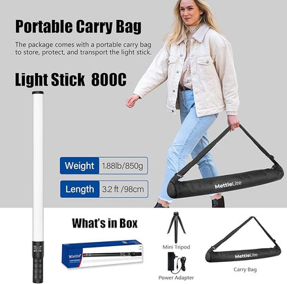 Mettlelite LS800C RGB LED Light Stick Full Color Continuous Output Video Light 3.2 ft with APP Control 2800K-8000K CRI96 TLCI 97 RGB CCT HSI Light Effects Built in Rechargeable Battery