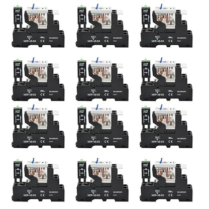 12 Pcs 12Amp Power Relay Switch UL Listed 24V DC Relay Coil, 5 Pin SPDT 1NO 1NC with Test Button, LED Module Light, Socket Base, DIN Rail