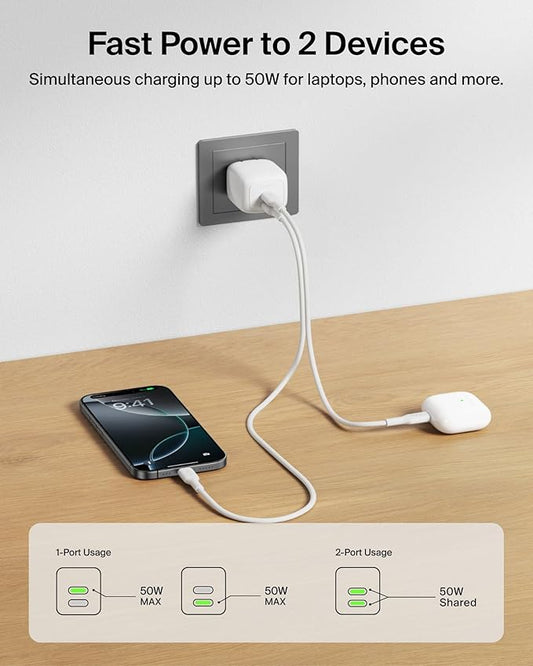 Belkin 2-Port USB C Charger Block 50W, Dual-Port GaN Charger w/ 2x USB C Ports, Fast Charging for MacBook, iPhone 17, iPad Pro, Chromebook, Galaxy S25 Ultra, Pixel 10, etc. - Travel Essentials - White