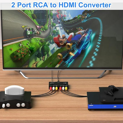 RuiPuo 2 Port RCA/AV to HDMI Converter Adapter Support 16:9/4:3 for WII/N64/PS1/PS2/PS3/VHS/VCR/DVD Players etc(2 AV in 1 HDMI Out)