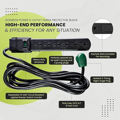 GoGreen Power Inc. (G-16106MSBK-2) 6 Outlet Surge Protector, 6FT Cord, Black, 2 Pack