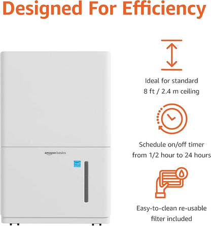 Amazon Basics Dehumidifier with Drain Pump, 50-Pint, Energy Star Certified, for Basement, Bathroom and Other Rooms Up to 4000 SFT, with Timer, auto-defrost, Overflow Protection, White