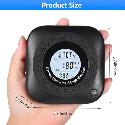 Carbon Monoxide Detectors, 4-in-1 Natural Gas Leak Detector, Portable Carbon Monoxide Detector, Plug in Wall CO Alarms with AC Socket and Temperature & Humidity Monitoring for RV, Home, Hotel (Black)