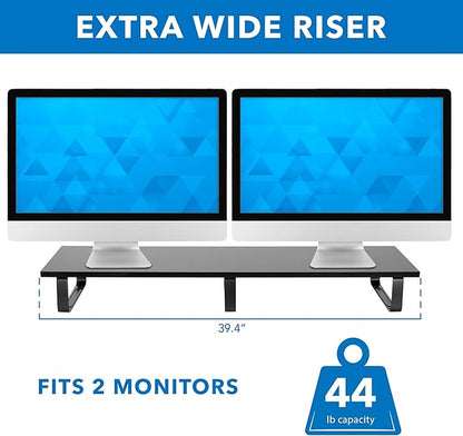 Mount-It! 39" Extra Long Dual Monitor Stand Riser – Ergonomic Desk Organizer for 2 Monitors, Laptop, TV, or Printer – Heavy-Duty Steel & Wood Desktop Shelf with Storage – Supports 44 Lbs – Black