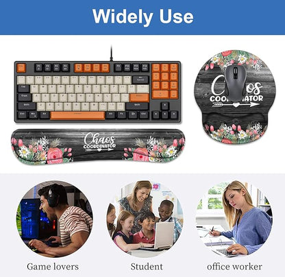 Keyboard Wrist Rest + Mouse Pad Wrist Support Set with Coasters, Chaos Coordinator Quotes Colored Floral Wreath Print Wrist Mouse Pad with Non-Slip PU Base for Home Office Working Studying