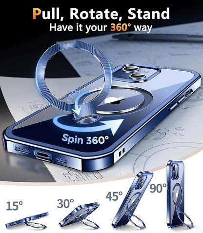 [360° Rotatable CD Stand & Built-in Privacy Screen Magnetic Case for iPhone 15 [Compatible with MagSafe & Full Signal] Mil-Grade Shockproof Full Body Anti-Spy Cover for 15-Blue