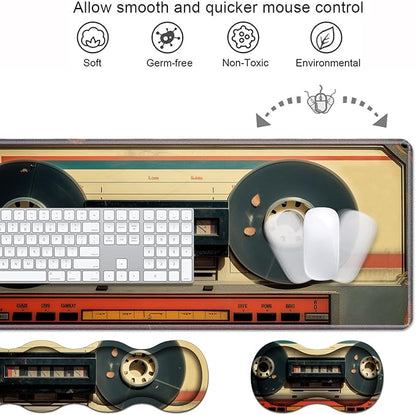 Ergonomic Keyboard Wrist Rest & Mouse Pad Wrist Rest Set, Large XXL Gaming Desk Mat 31.5"x 11.8" with Memory Foam, Easy Typing Pain Relief for Office & Home, Retro Tape Recorder