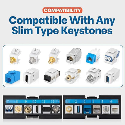 Everest 24 Port Keystone Patch Panel (2-Pack) - Removable 6-Port Panels - Use with Slim Profile Keystones ONLY (Wider Jacks May not fit Side by Side) - with Adjustable Rear Cable Management Bar
