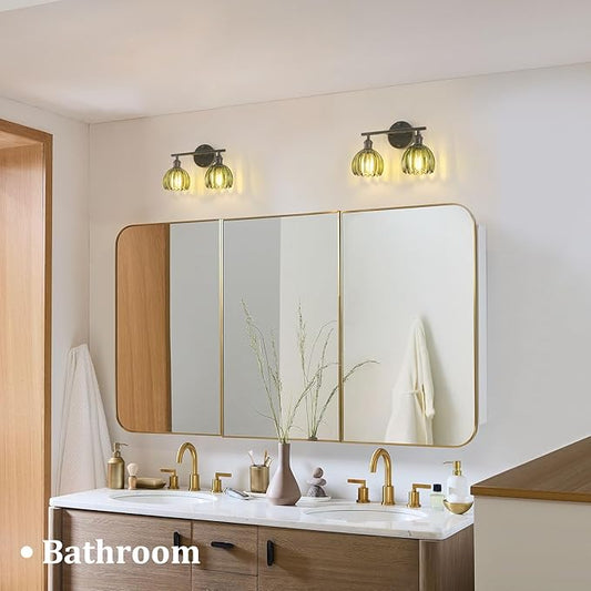 Shenmoyl Bathroom Light Fixtures, 2-Light Black Vanity Wall Light Over Mirror with Green Tulip Glass Shade for Bedroom Living Room (Bulb Not Included)