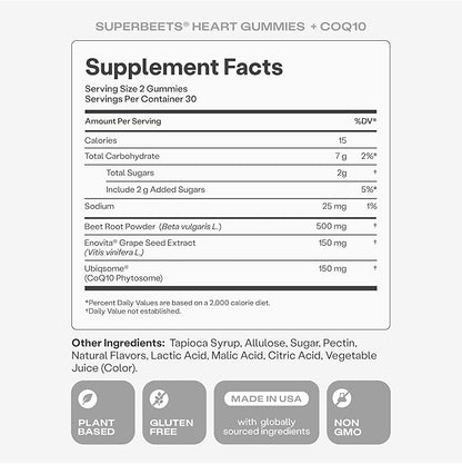 Humann SuperBeets 3-in-1 Heart Gummies - 3x Absorption CoQ10 - Plus Beetroot Extract & Grape Seed Extract for Advanced Heart Health, Cellular Energy & Circulation Support, Vegan, Gluten Free, 60 count