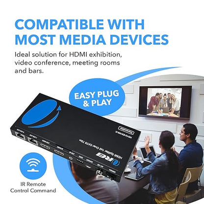 OREI 4K 1x2 HDMI Over ethernet Extender Splitter Over CAT6/7 ethernet Cable 4K@30Hz up to 165 ft - 1 in 2 Out, 1080P@60Hz Upto 230 ft, PoC, IR Control, EDID, HDMI Loop Out (HD12-EX165-K)