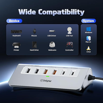 intpw P9 PRO USB C Hub 10Gbps, 9-in-1 USB C Docking Station with 4K@60Hz HDMI, Type-C & 2 Type-A 3.2, 2 USB-A 2.0, PD 100W, SD/TF Port,Aluminum USB Hub for Laptop, iPhone 17 Series, MacBook Air/Pro