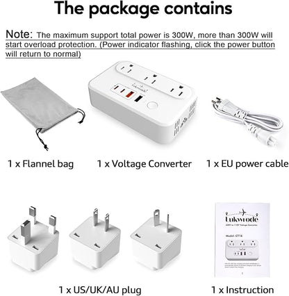 Lukwrode 220V to 110V Voltage Converter Universal Travel Adapter with 35W PD 2 Type C Port 2 USB A Port,US to Europe International Power Converter Combo Plug for Worldwide European US EU AU UK White-W