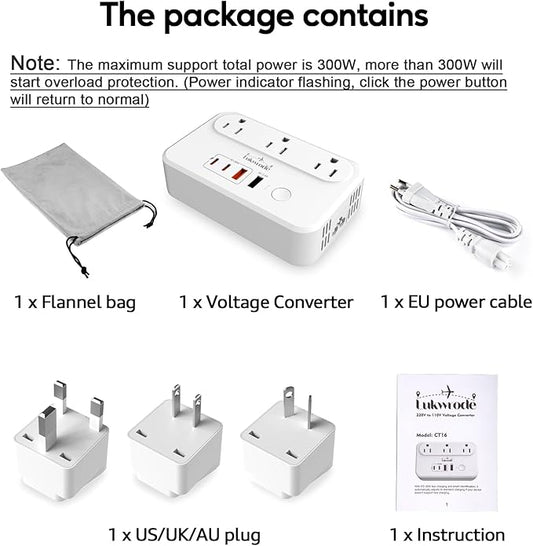 Lukwrode 220V to 110V Voltage Converter Universal Travel Adapter with 35W PD 2 Type C Port 2 USB A Port,US to Europe International Power Converter Combo Plug for Worldwide European US EU AU UK White-W