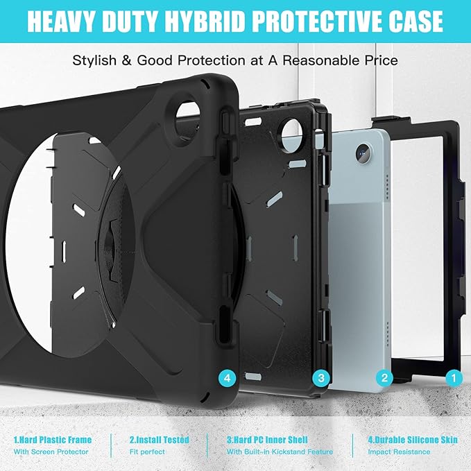 Junfire Shockproof Case for Lenovo Tab M10 Plus 3rd Gen 10.6" 2022, Heavy Duty Rugged Case with Hand Strap/360°Rotating Kickstand/Shoulder Belt for TB-125F/TB-128F, Black