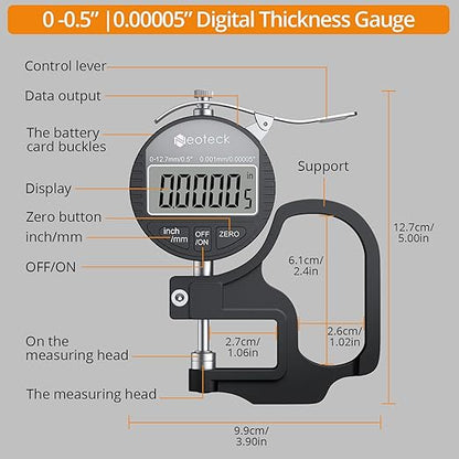 Neoteck Digital Thickness Gauge (Silver-Black, 0-0.5"/0.00005")