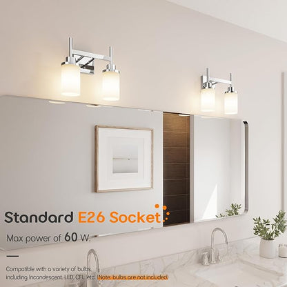 AONEON Vanity Lights Polished Chrome Bathroom Light Fixtures with White Frosted Glass Shade, Double Wall Sconces for Mirror Hallway Entrance Porch T001CH-L2