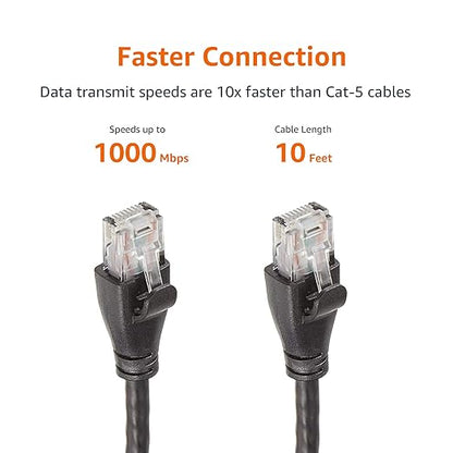 Amazon Basics RJ45 Cat 6 Ethernet Patch Cable, 1Gpbs Transfer Speed, Gold-Plated Connectors, 10 Foot - Pack of 5, Black