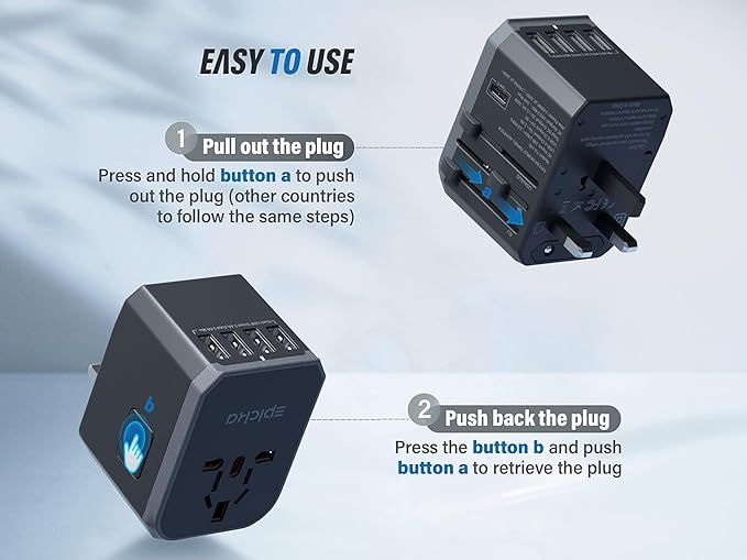 EPICKA Universal Travel Adapter, European Travel Plug Adapter (Not a Voltage Converter) - International Power Adapter Worldwide Charger with USB-C & 4 USB-A Ports, Travel Essentials (TA-105, Grey)