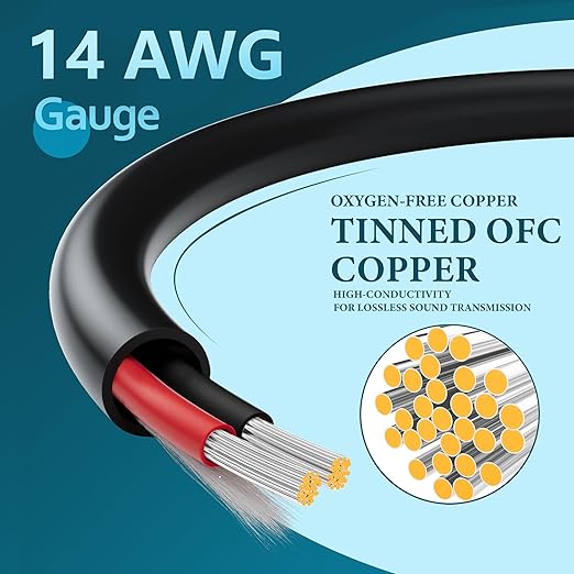 HiFind 14/2 Gauge Speaker Wire Cable 100 Ft-Tinned OFC Copper-UL CL3 Rated- Indoor/Outdoor-Pro Series 14 AWG-UV PVC Jacket&Cotton, Hi-Fi Sound for Car Audio,Home Theater Speakers,Stereos-Black