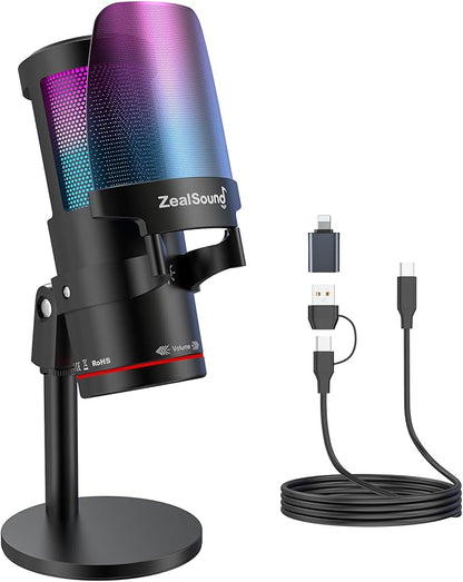 ZealSound Gaming USB Microphone,Noise Cancellation Condenser mic with RGB Light,Touch Mute,Gain,Monitoring for Streaming, Podcast, Twitch, YouTube, Discord, iPhone, iPad,PC,Computer,PS4,PS5,Mac