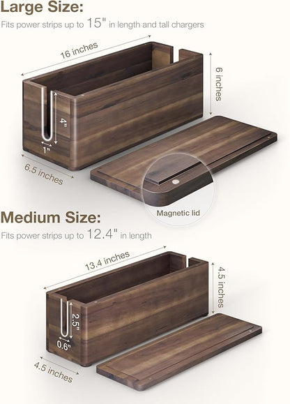 TIDITA Acacia Large Cable Management Box - Set of 2 Cord Box Hider for Office - Cable Hider Box, Surge Protector Box for TV Wires, Desk - Power Strip Box with 2 Open Slots, Magnetic Lid (Walnut color)