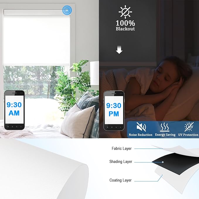 COOLWINDS Motorized Blinds with Remote Cordless Automatic Motorized Shades Custom Blinds for Windows Smart Curtains Compatible with Alexa Google Home(Blackout Ivory White,W53 x H72in)