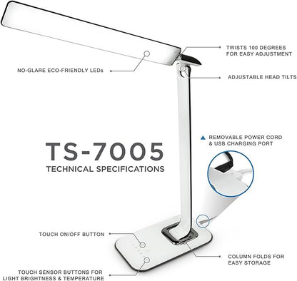 Turcom LED Desk Lamp With USB Charging Port Dimmable Touch Controls w/Color Adjustment, Eye Care Task Lamp, 5W, 1000 Lux,Multicolor