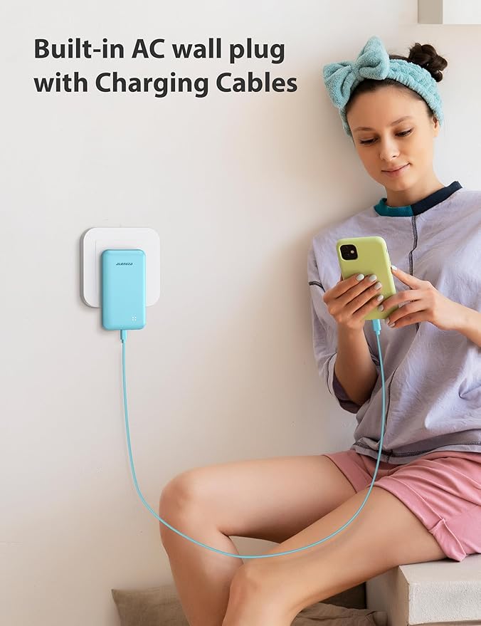Alongza Portable Charger Built-in Cables and AC Wall Plug, Slim Fast Charging Power Bank 10000mAh, Lightweight USB C External Battery Pack Compact Travel Cell Phone Charger