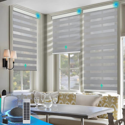 DENFOON Motorized Zebra Blinds, Solar Powered Dual Layer Automatic Shades with Remote Control, Rechargeable Smart Blinds Horizontal Wireless Electric Shades for Windows, Custom Size, Gray， 30 x 72