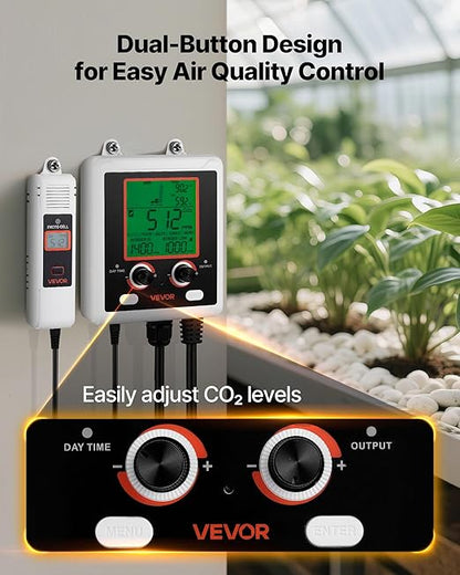 VEVOR Carbon Dioxide Monitoring Controller, Dual Outlets Carbon Dioxide Controller, CO2 Meter Monitor Day and Night Detection Feature, NDIR CO2 Sensor for Green House, Laboratories, Classrooms, Home