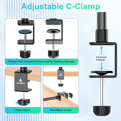 Ailight Camera Desk Mount Webcam Stand with Phone Holder, Adjustable Table Camera Stand with 1/4" Screw & C Clamp Overhead Tripod Webcam Mount for Logitech Obsbot insta360 Anker and Others